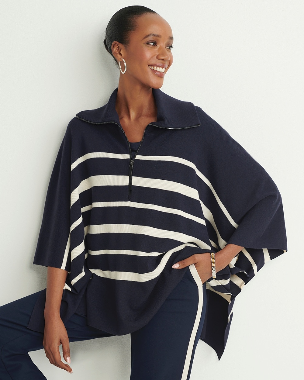 Chico's Scarves | Stripe Zip Collar Sweater Poncho Classic Navy