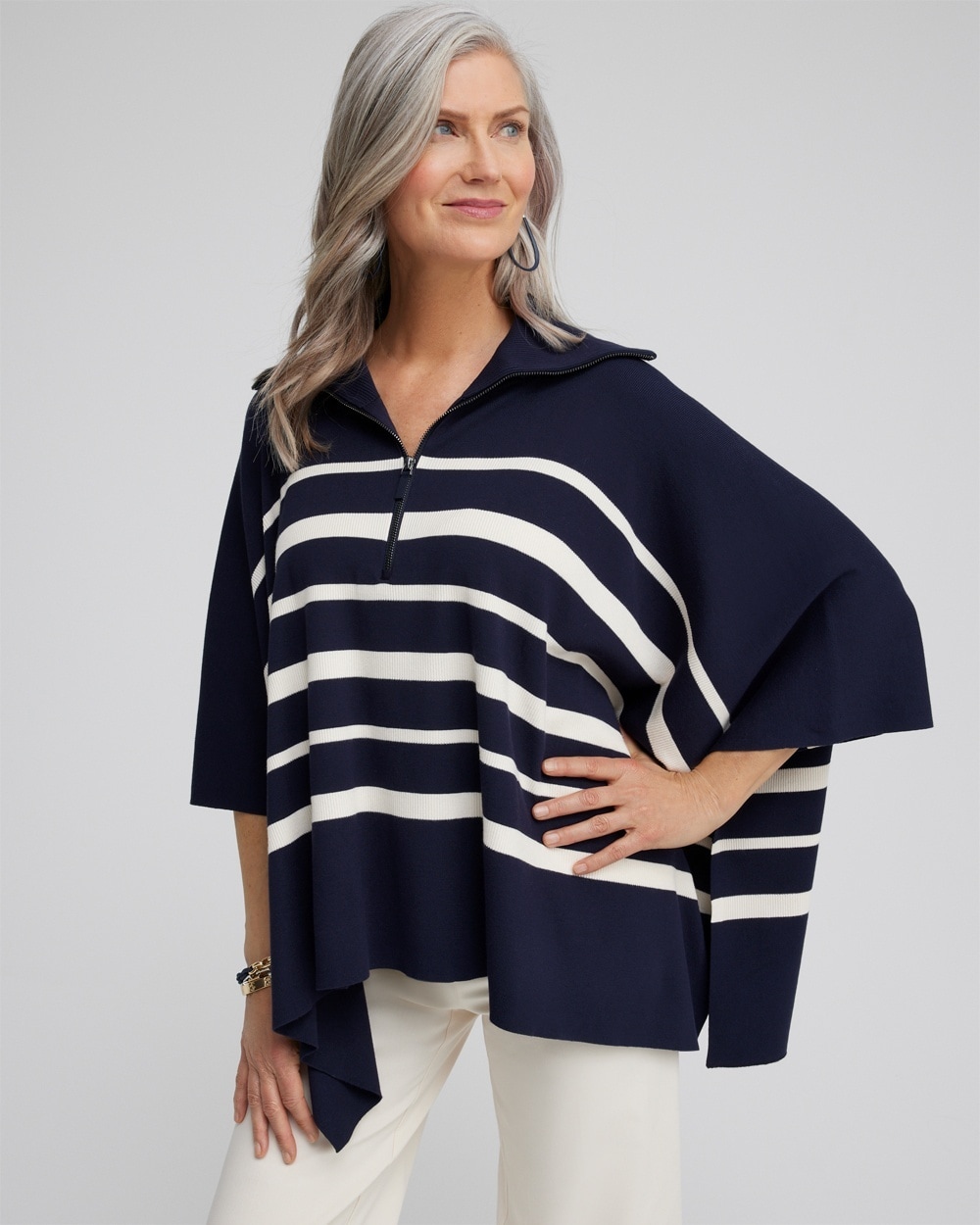 Chico's Scarves | Stripe Zip Collar Sweater Poncho Classic Navy