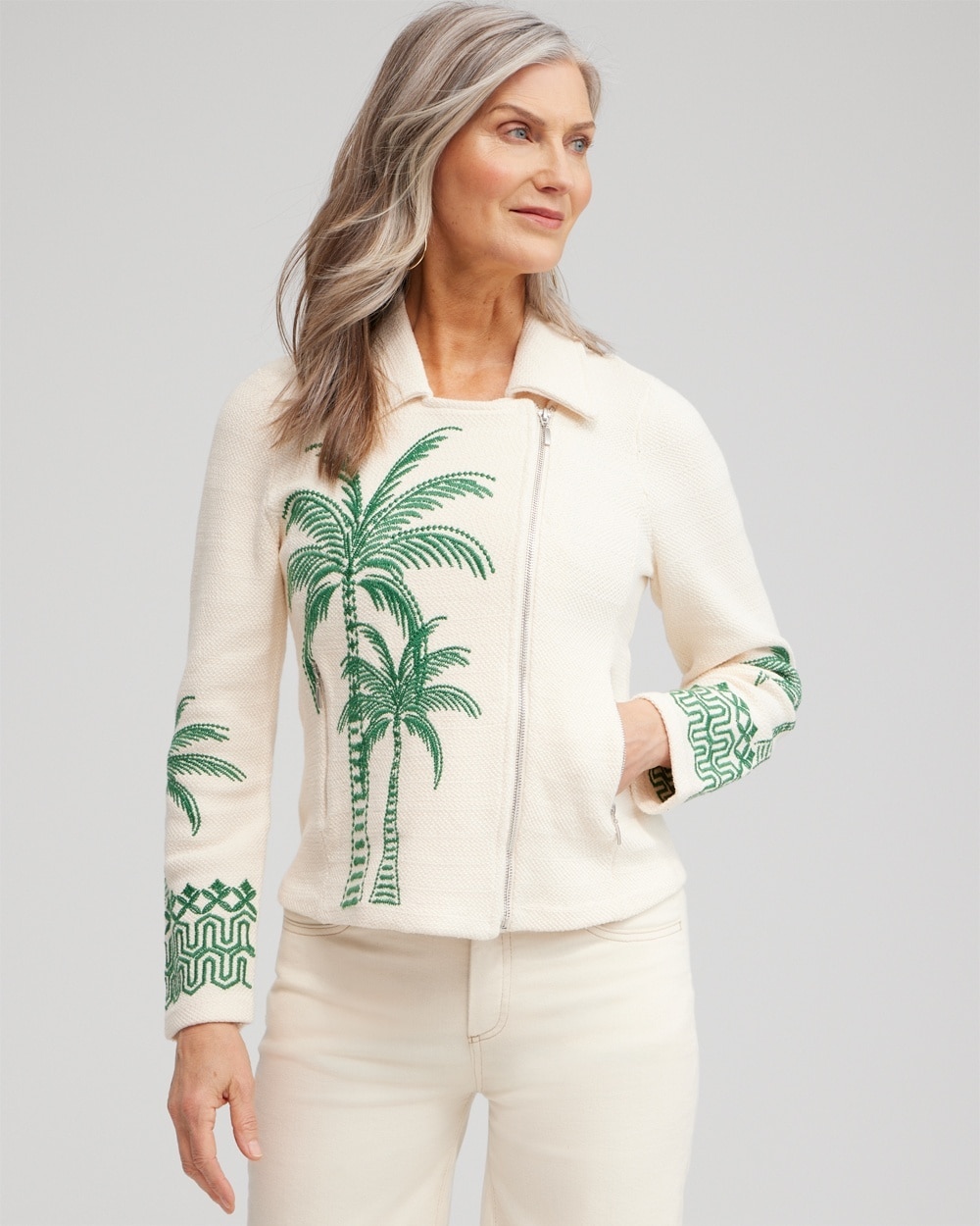 Chico's Sweaters | Embroidered Palms Moto Jacket Twisted Ivy