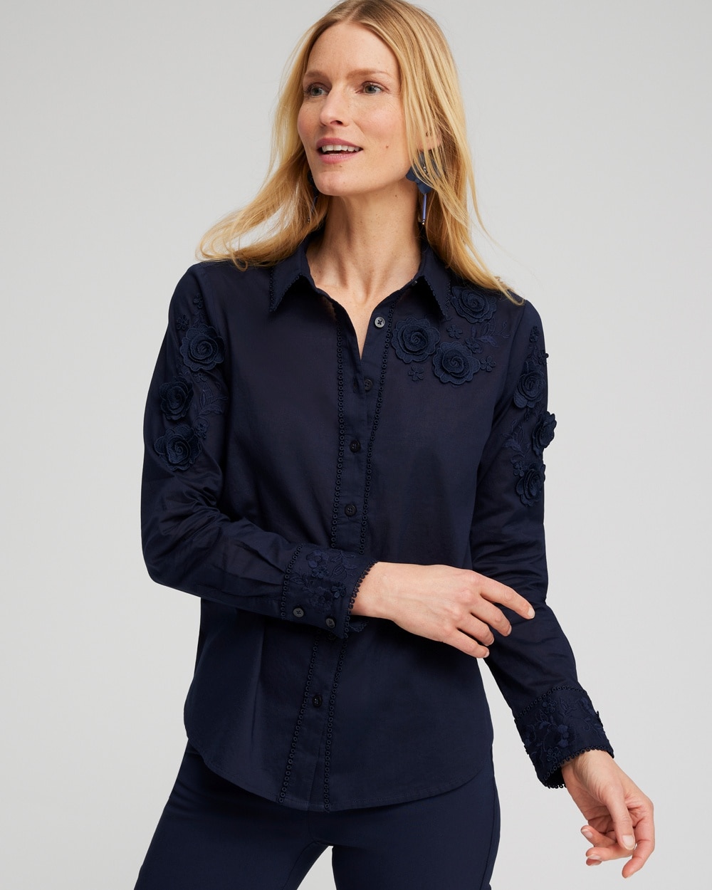 Chico's Tops | Floral Applique Blouse Classic Navy