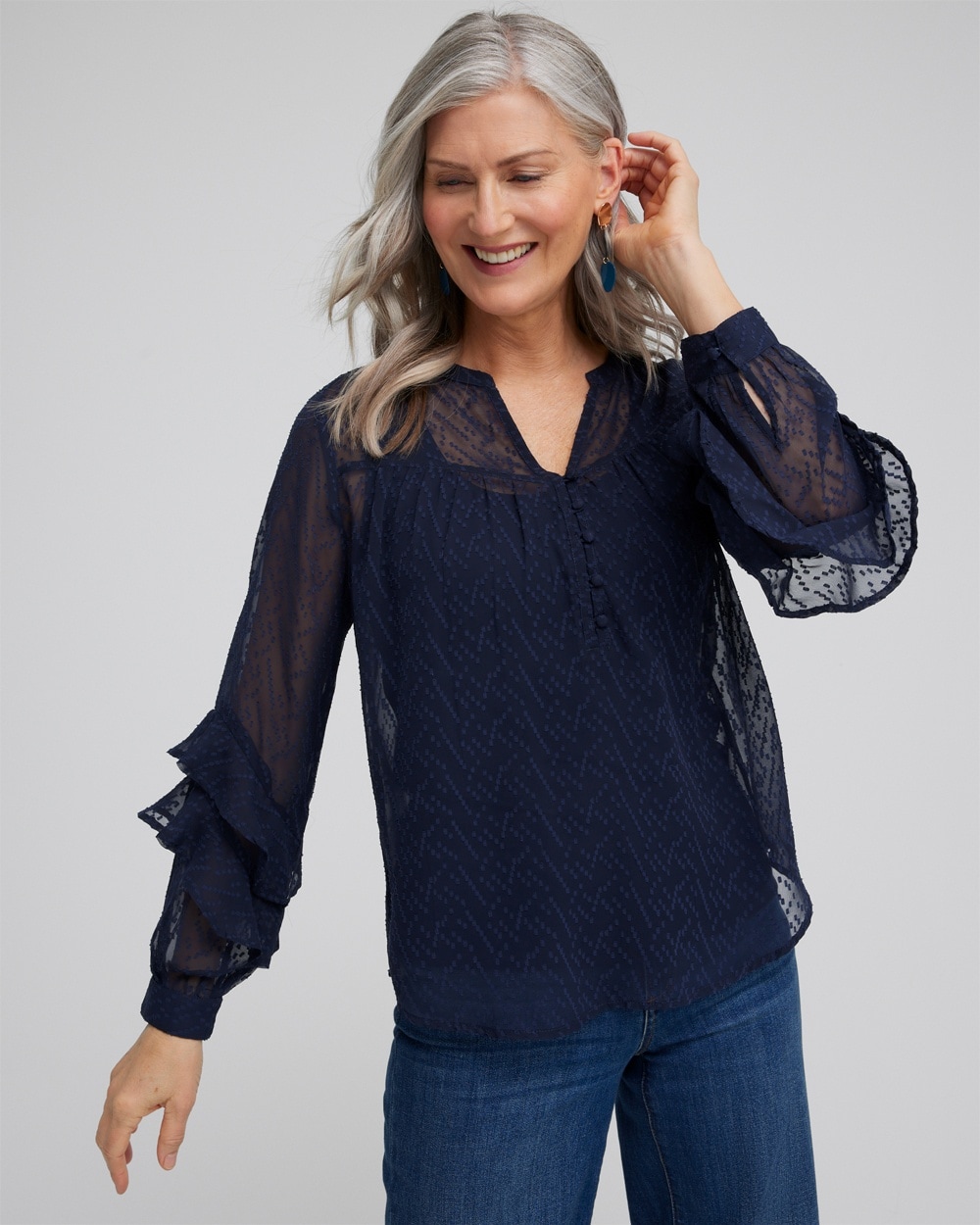 Chico's Tops | Ruffle Sleeve Top Classic Navy