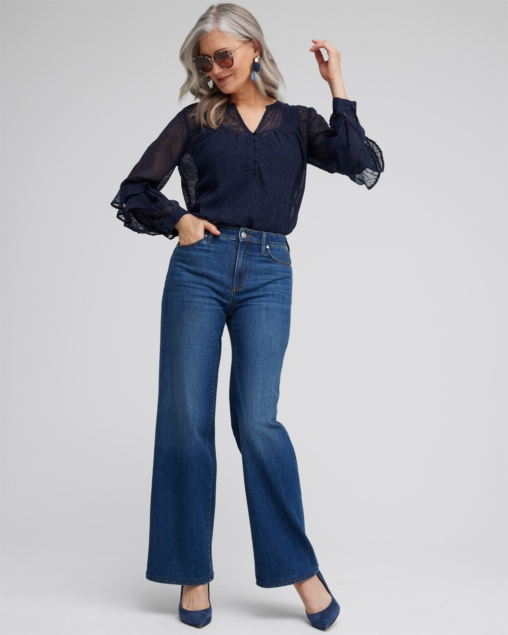 Chico's Tops | Ruffle Sleeve Top Classic Navy