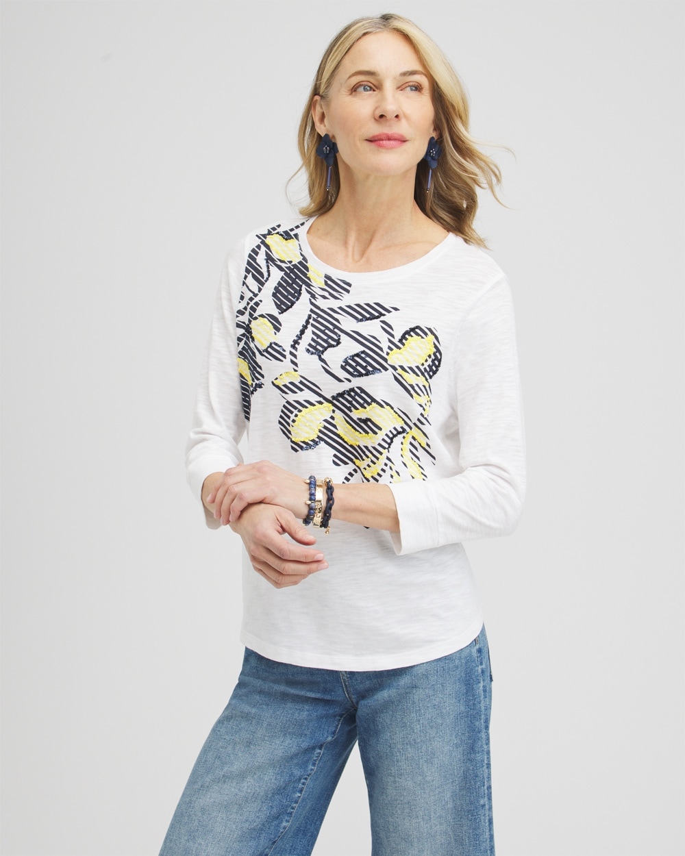 Chico's Tops | Embroidered 3/4 Sleeve Tee Alabaster