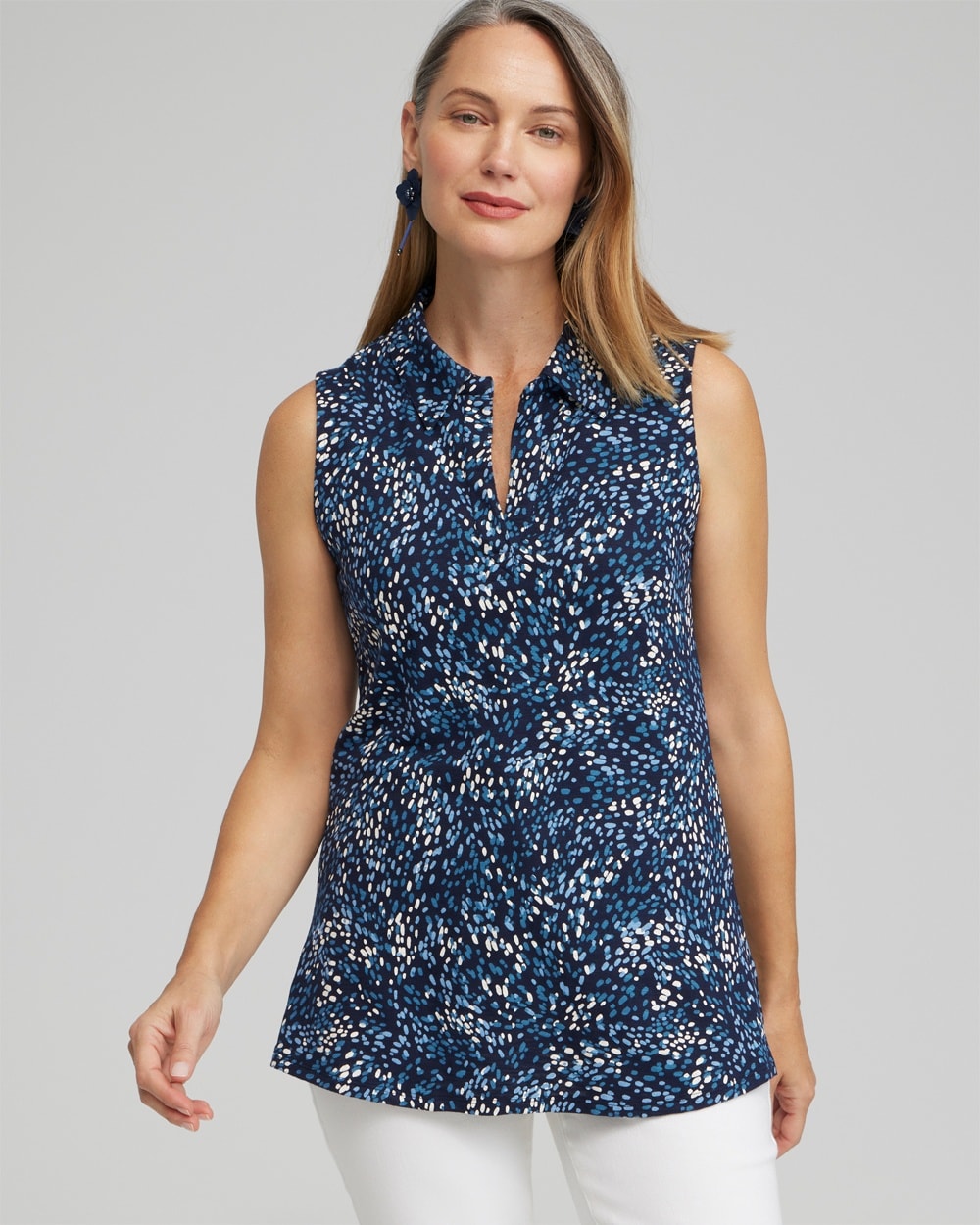 Chico's Tops | Dot Print Collared Tunic Tank Classic Navy