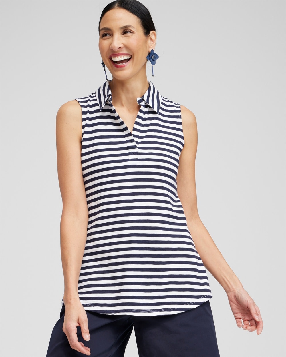 Chico's Tops | Stripe Collared Tunic Tank Classic Navy