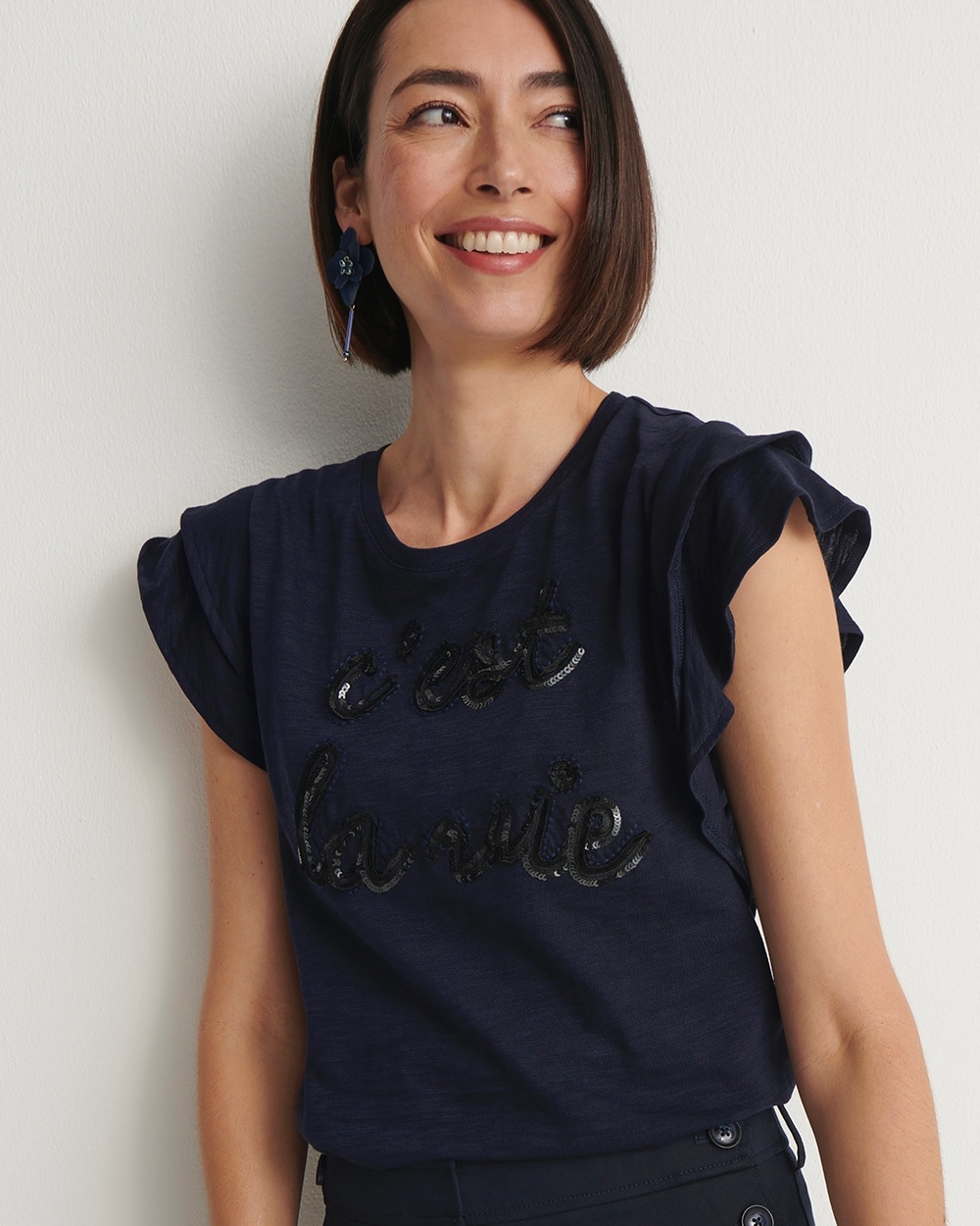 Chico's Tops | Tiered Flutter Sleeve Tee Classic Navy