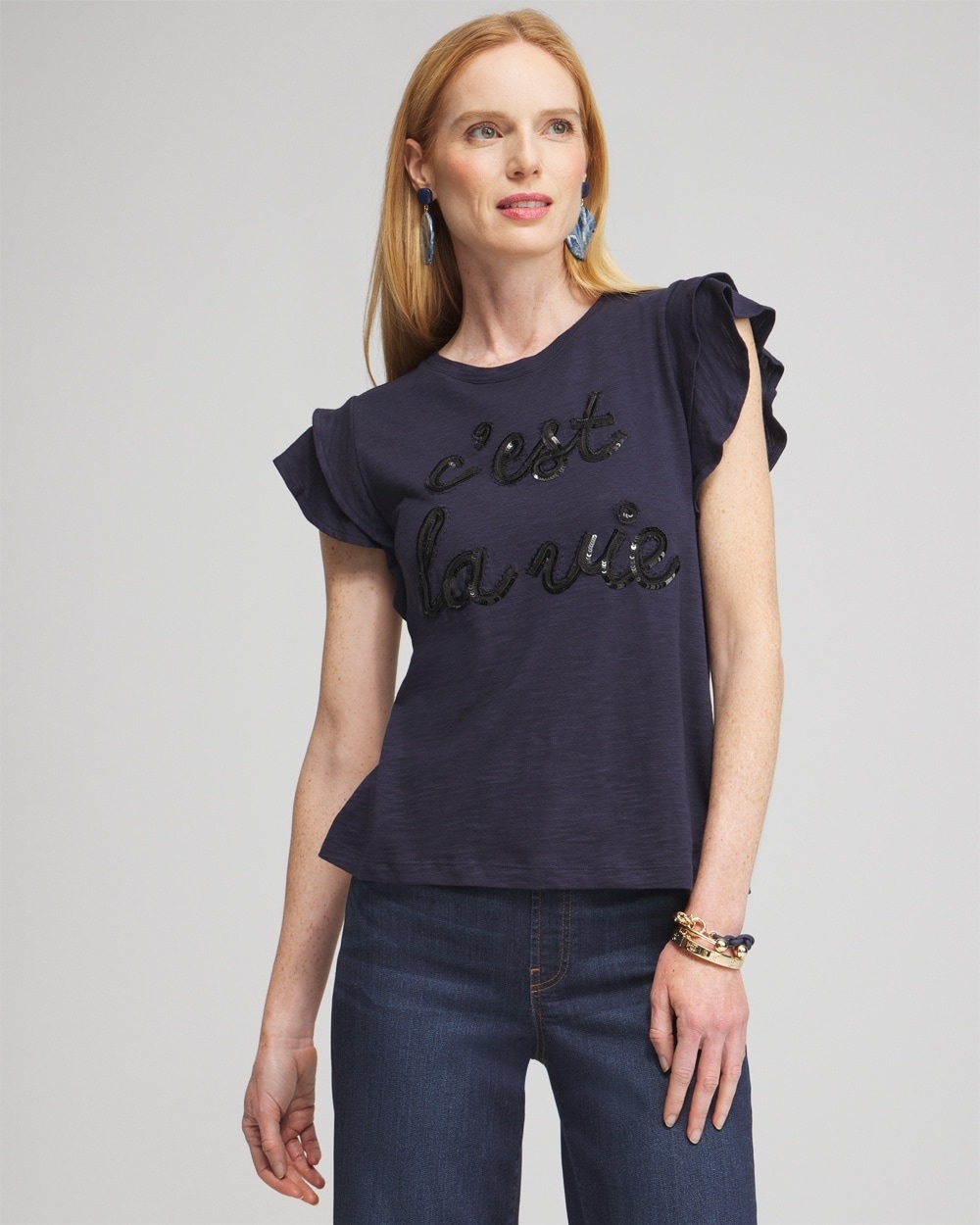 Chico's Tops | Tiered Flutter Sleeve Tee Classic Navy