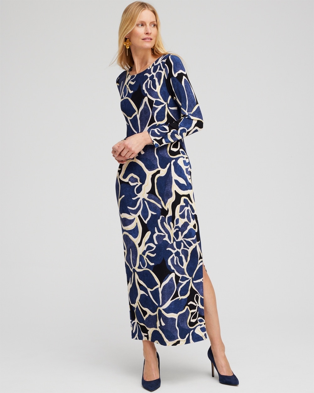 Chico's Dresses & Skirts | Travelers Floral Maxi Dress Azores Blue