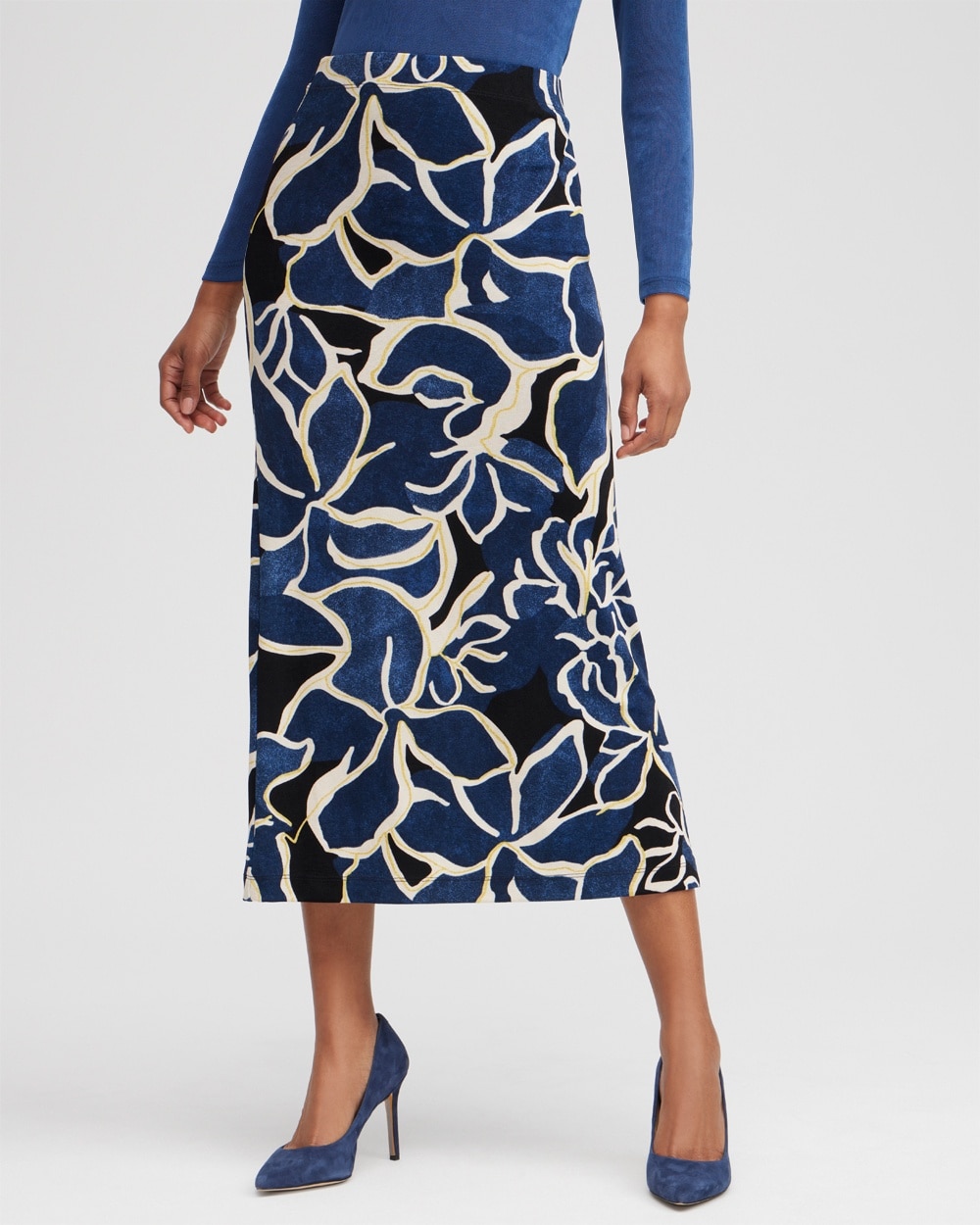 Chico's Pants | Travelers Floral Midi Skirt Azores Blue