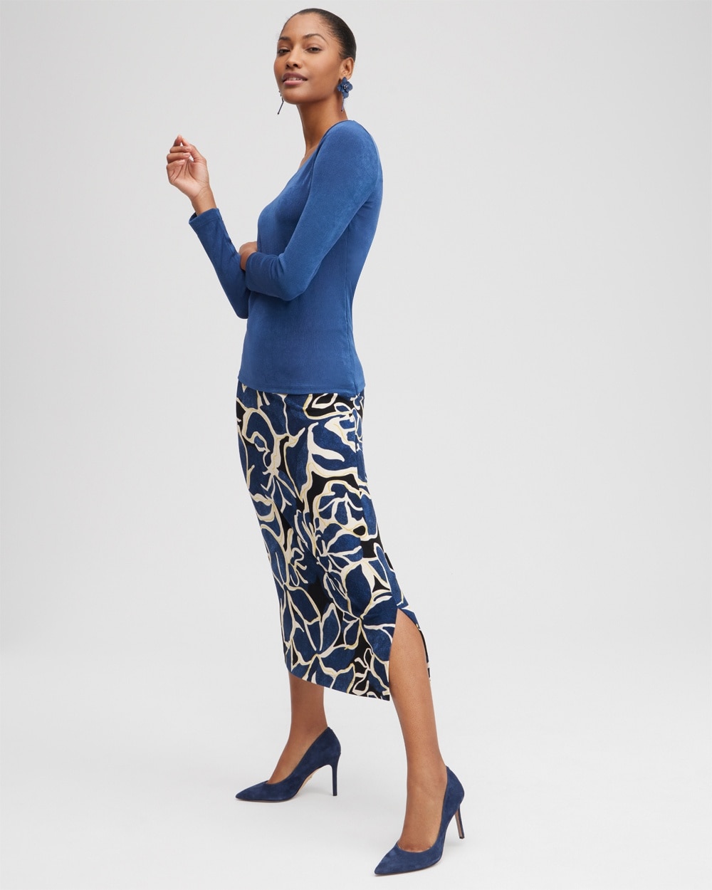 Chico's Pants | Travelers Floral Midi Skirt Azores Blue