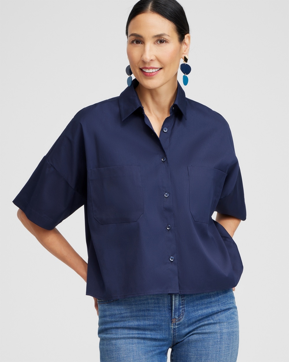 Chico's Tops | Poplin Pocket Shirt Classic Navy