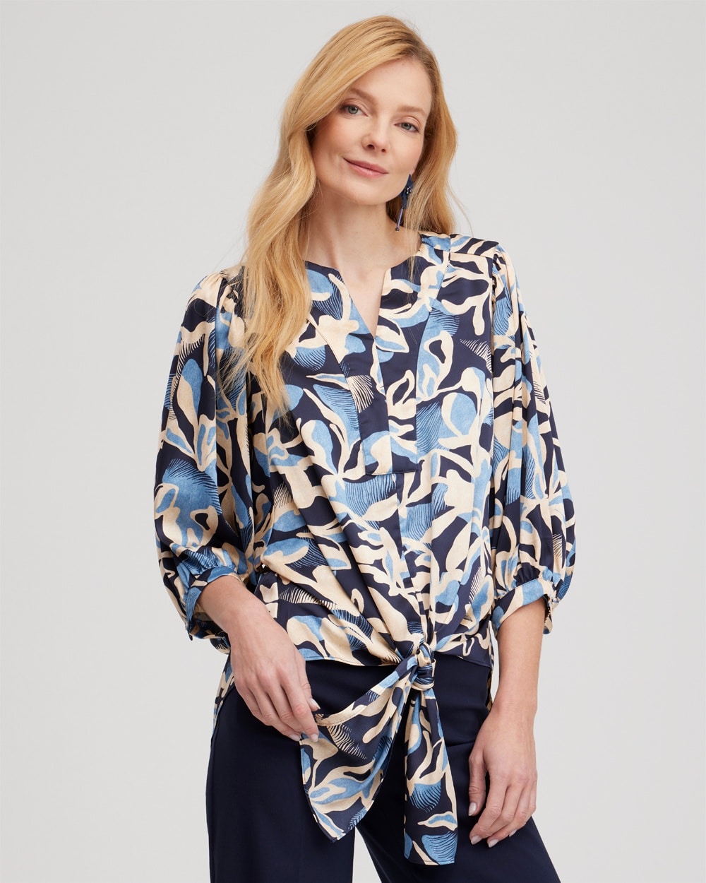 Chico's Tops | Floral Tie-Front Shirt Classic Navy