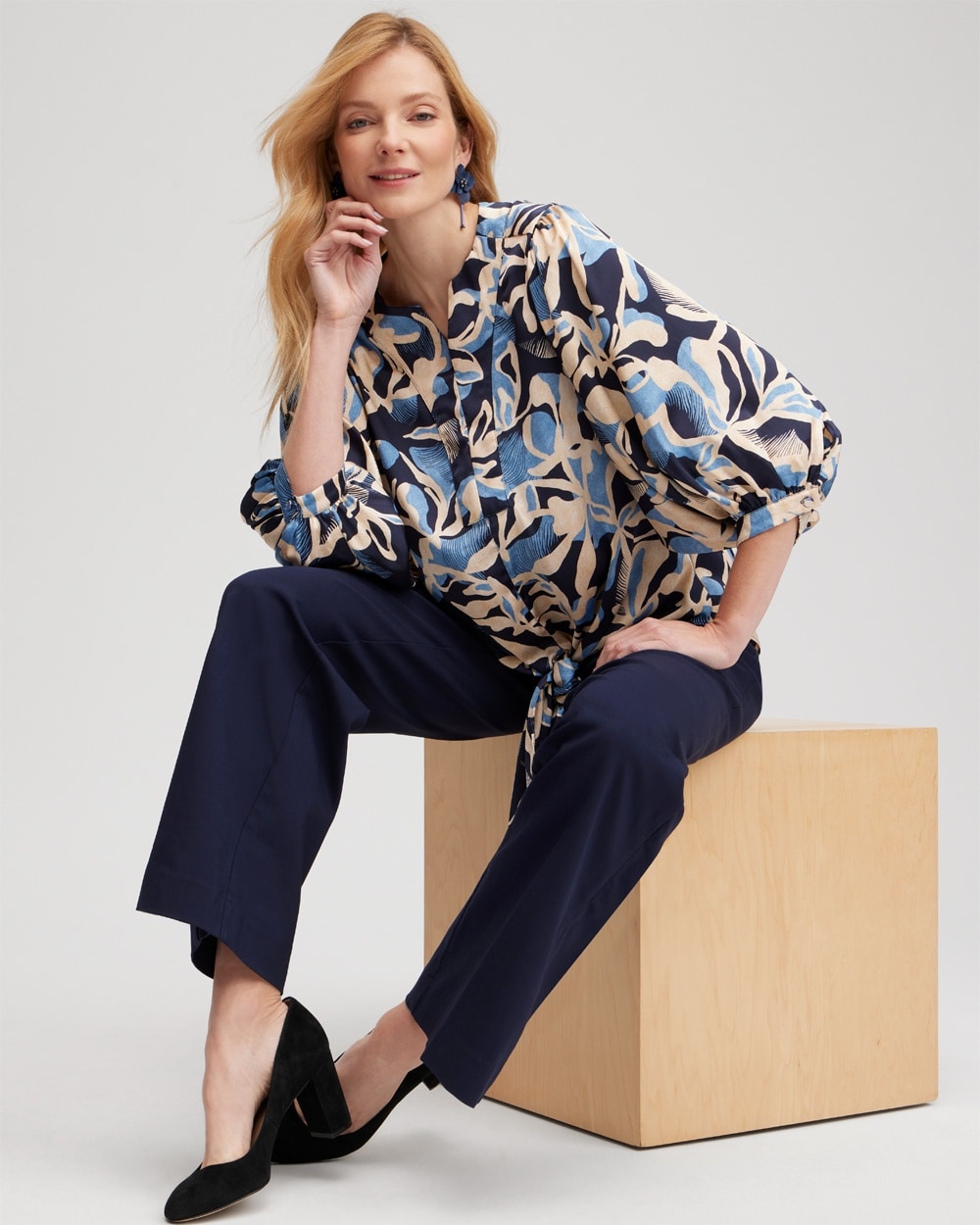 Chico's Tops | Floral Tie-Front Shirt Classic Navy