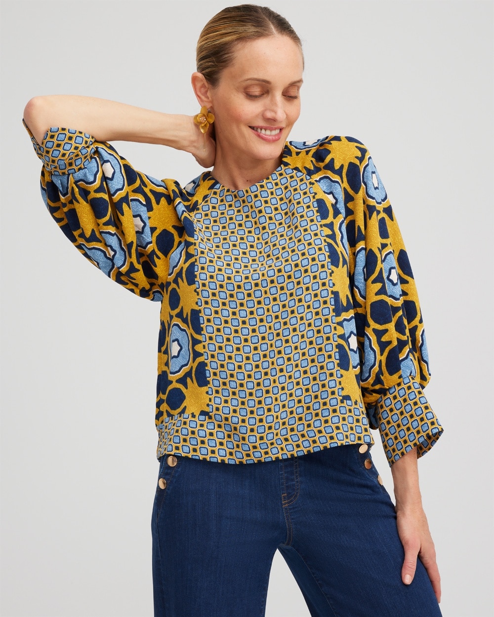 Chico's Tops | Geometric Print Pintuck Top Blue Echo