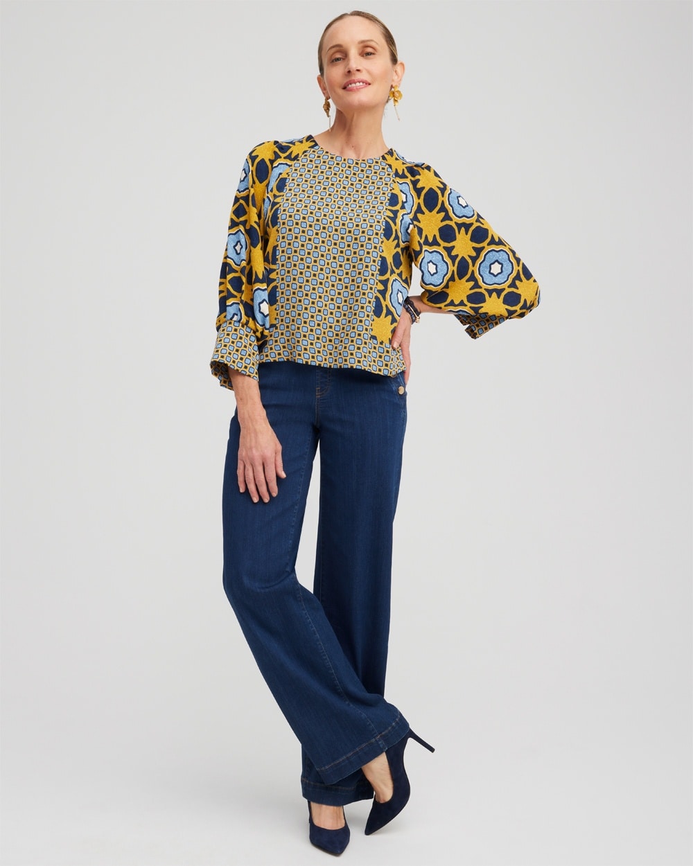 Chico's Tops | Geometric Print Pintuck Top Blue Echo