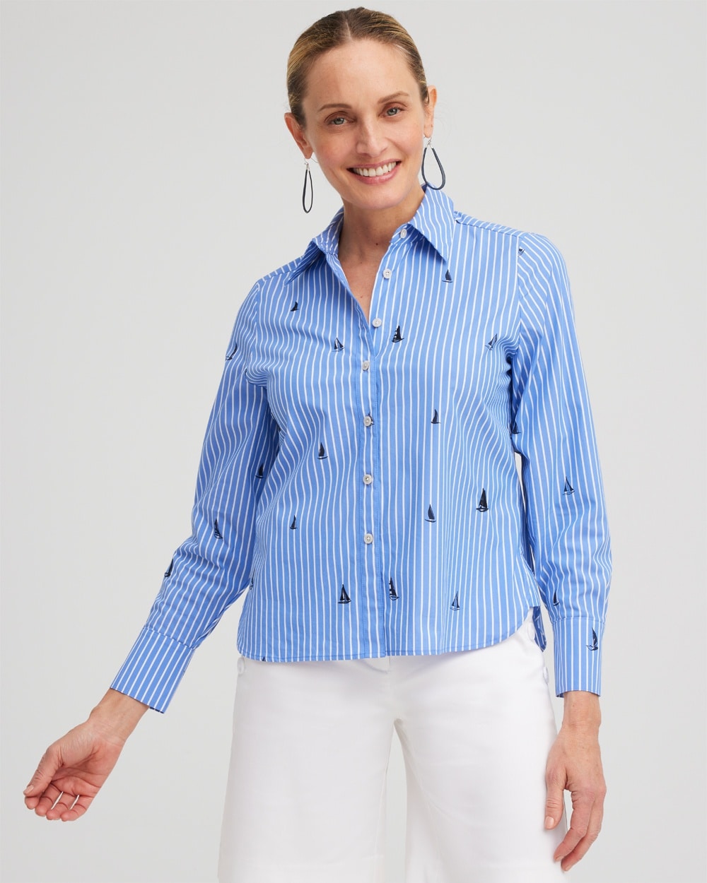 Chico's Tops | Poplin Sailboat Stripe Shirt Wisteria Blue