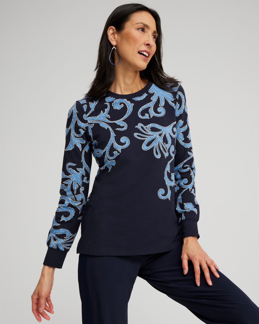 Chico's Tops | Zenergy® Scroll Print Sweatshirt Classic Navy