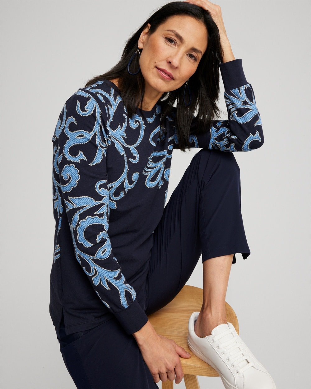 Chico's Tops | Zenergy® Scroll Print Sweatshirt Classic Navy