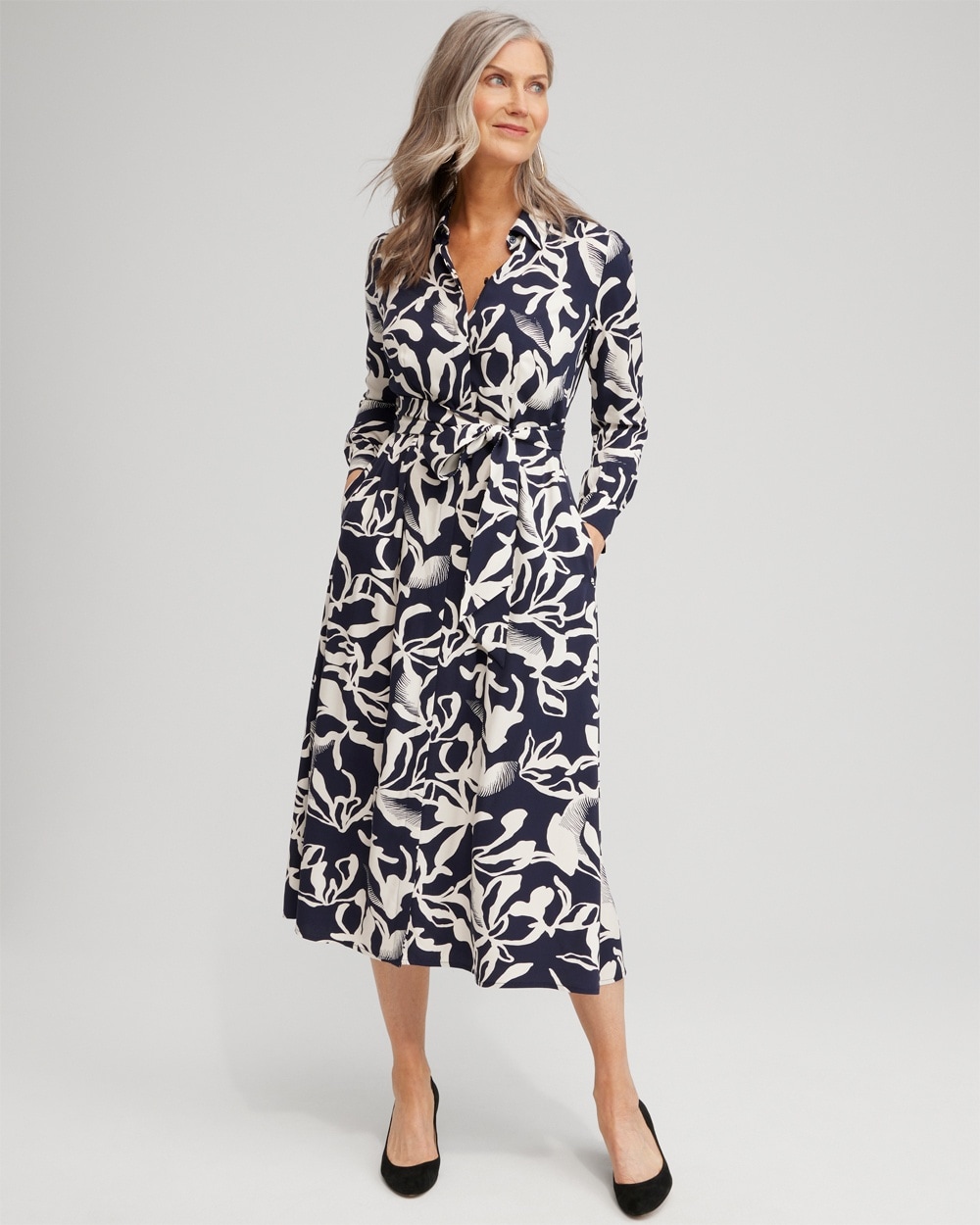 Chico's Dresses & Skirts | Twill Floral Shirt Dress Classic Navy