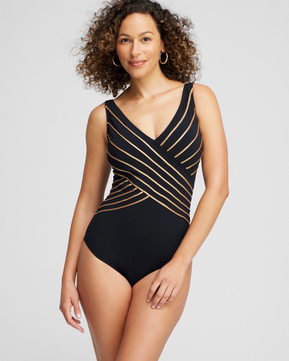 Chico's Swim | Gottex V-neck One Piece Swimsuit Black/Gold