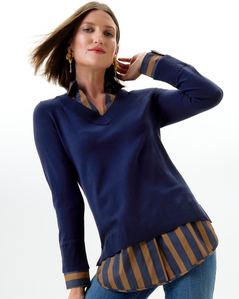 Chico's Sweaters | Stripe Built-in Shirt Sweater Classic Navy