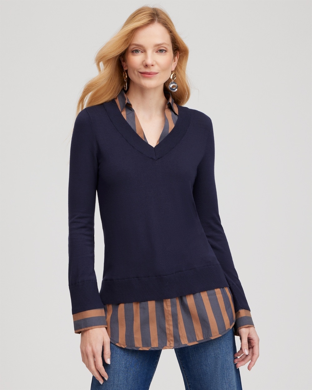 Chico's Sweaters | Stripe Built-in Shirt Sweater Classic Navy