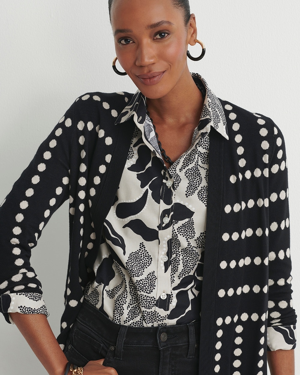 Chico's Sweaters | Spun Rayon Jacquard Dots Cardigan Black