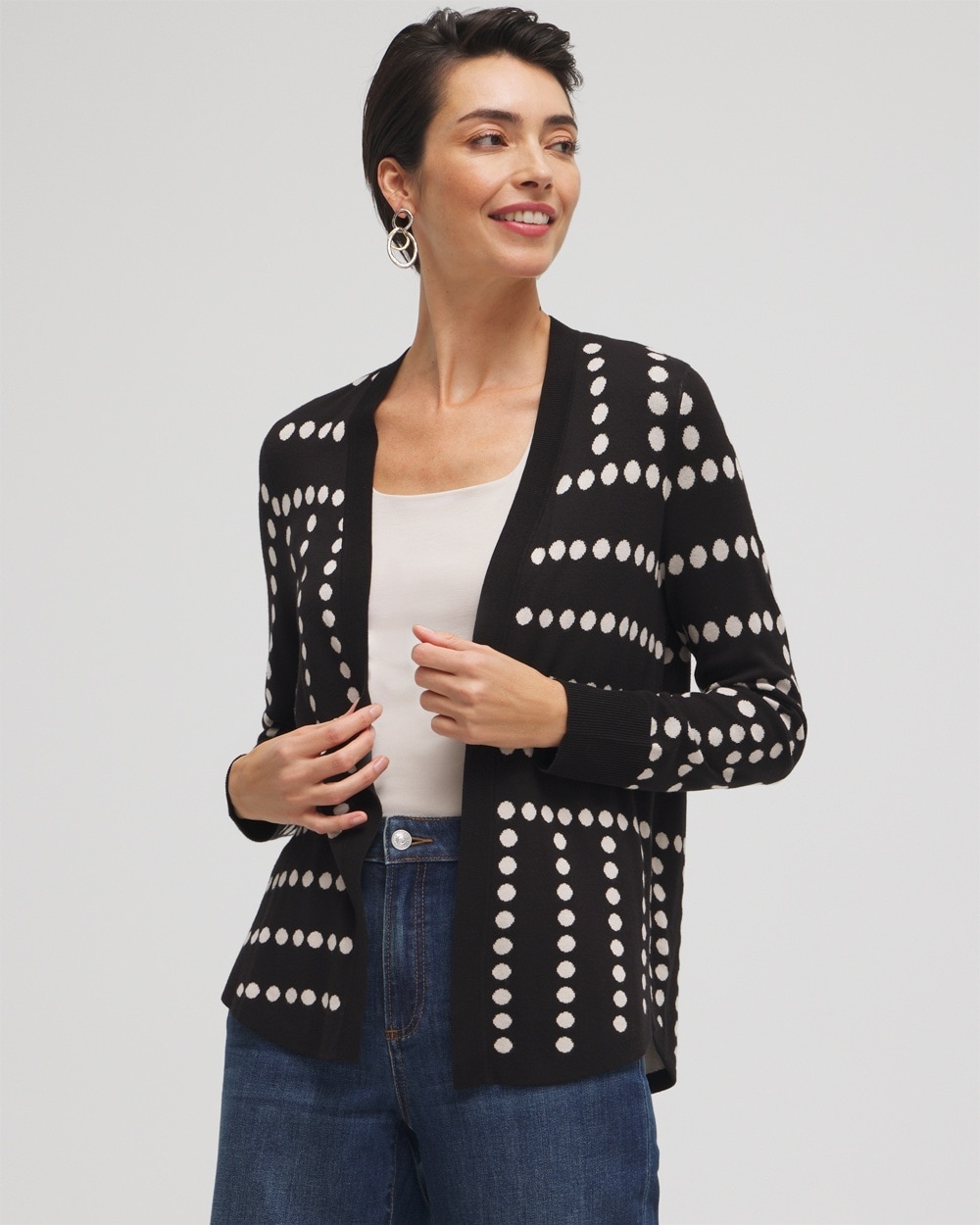 Chico's Sweaters | Spun Rayon Jacquard Dots Cardigan Black