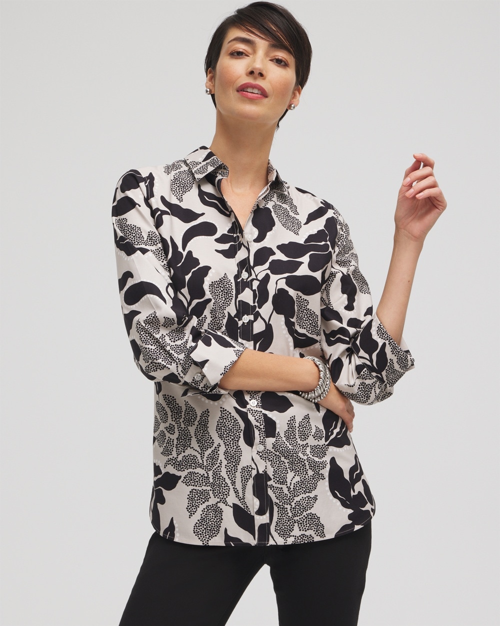 Chico's Tops | No Iron™ Stretch Floral Shirt Smokey Taupe