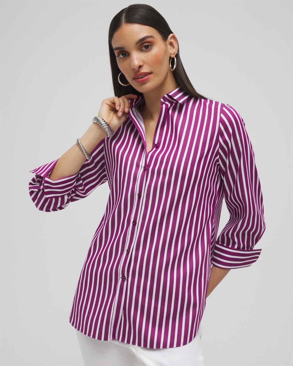 Chico's Tops | No Iron™ Stretch Stripe Shirt Fresh Plum