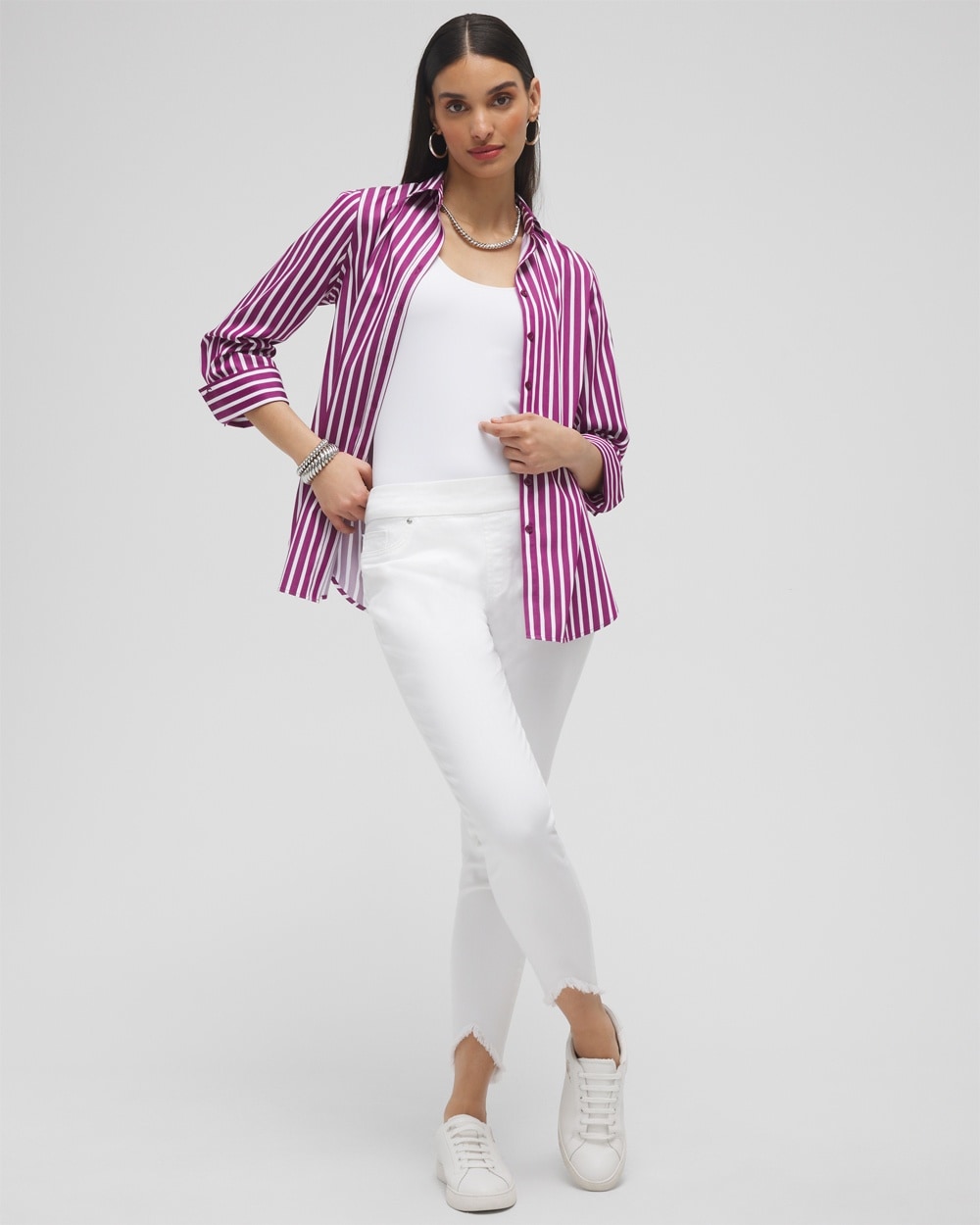 Chico's Tops | No Iron™ Stretch Stripe Shirt Fresh Plum