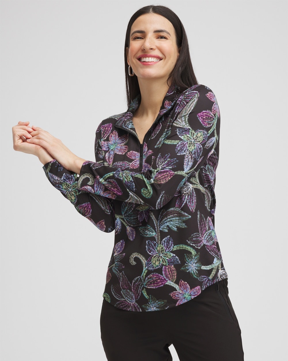 Chico's Swim | Zenergy® UPF Floral Long Sleeve Top Black