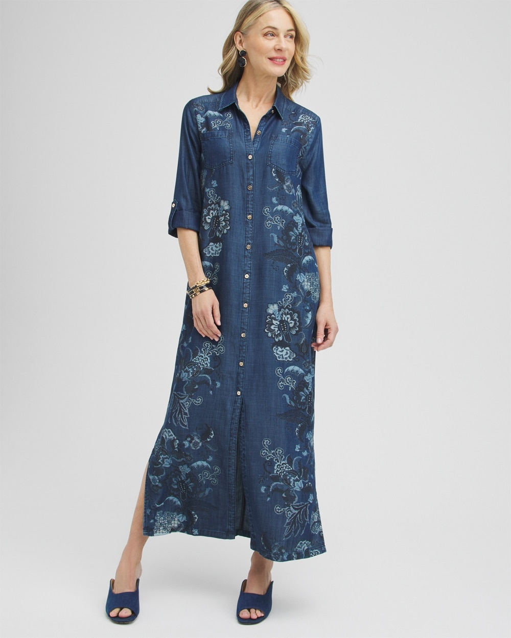 Chico's Dresses & Skirts | Chambray Roll Tab Floral Maxi Dress Blue