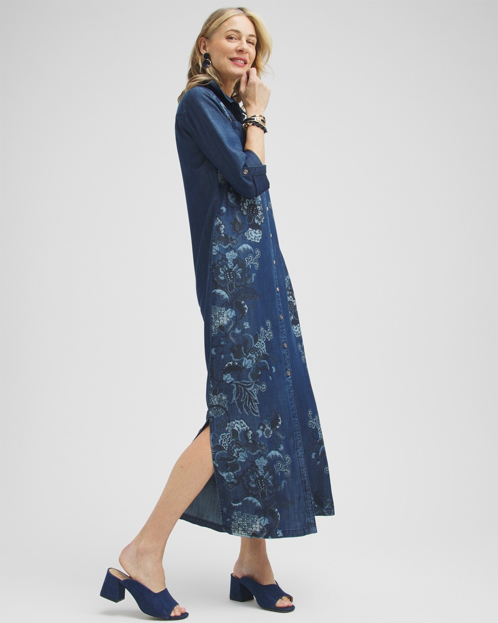 Chico's Dresses & Skirts | Chambray Roll Tab Floral Maxi Dress Blue