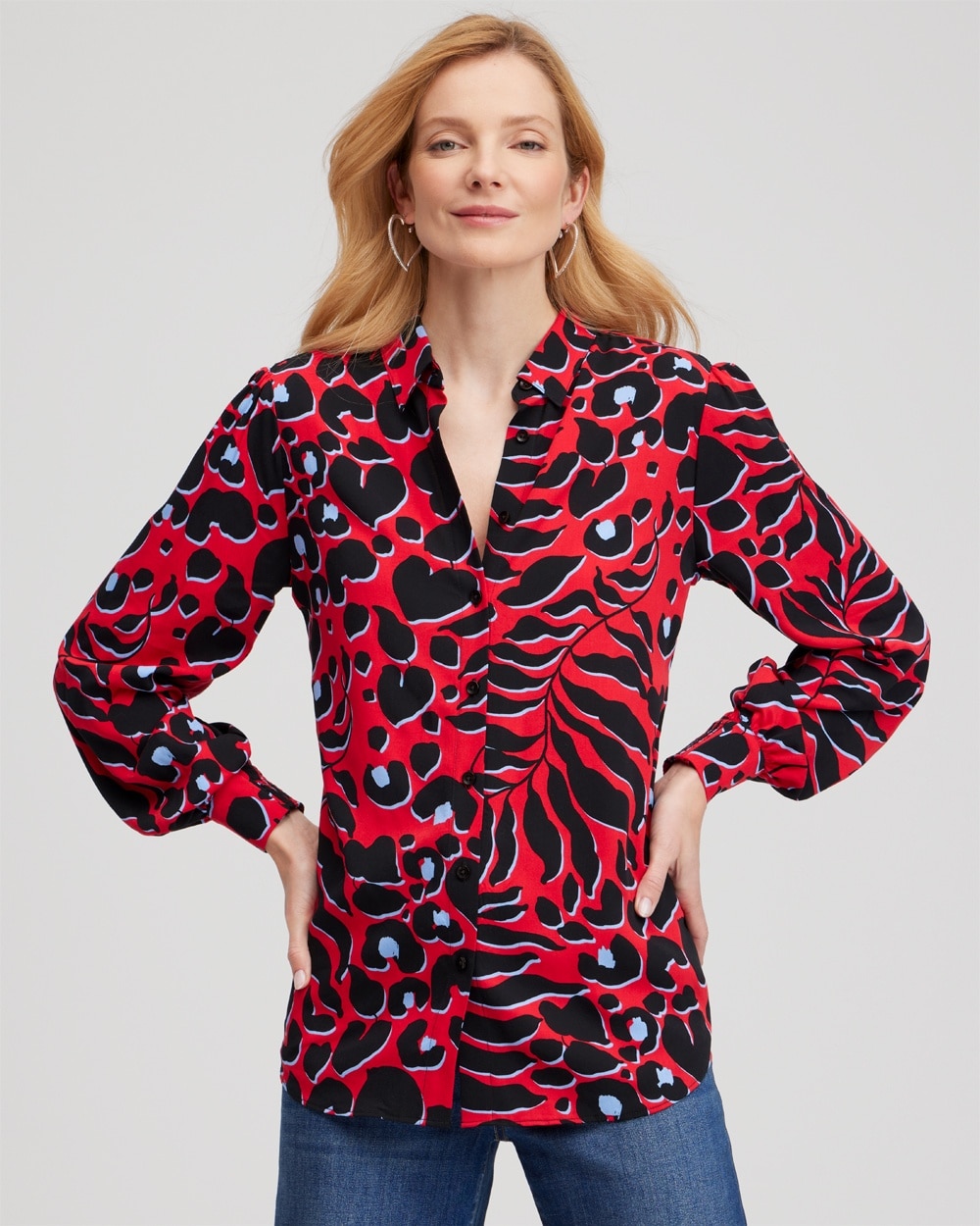 Chico's Tops | Twill Animal Print Tunic Love Letter Red