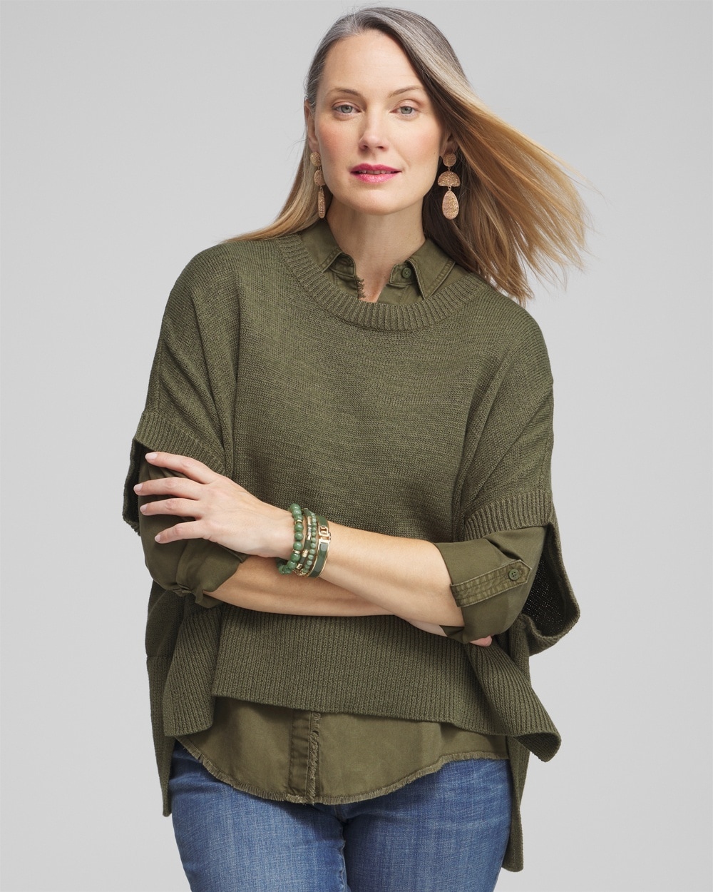 Chico's Tops | Short Sleeve Knit Poncho Olive