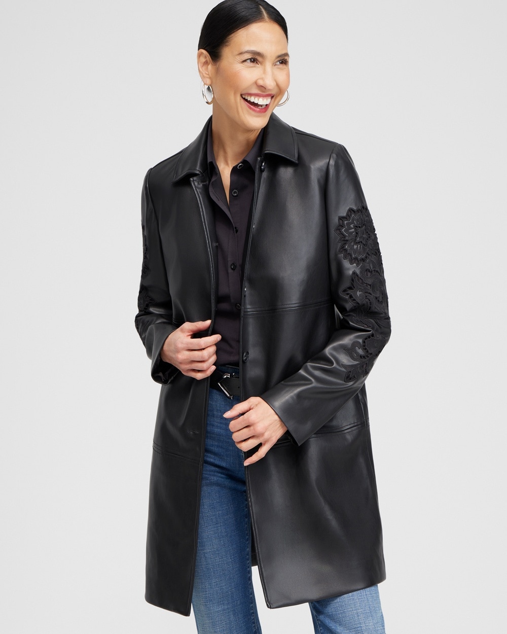 Chico's Jackets & Coats | Faux Leather Cutwork Topper Black