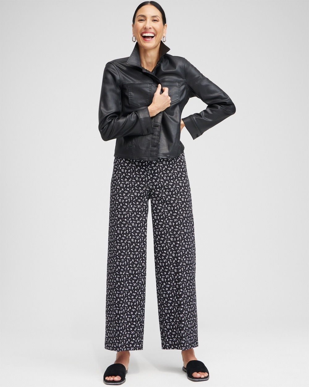 Chico's Jackets | Petite Brigitte Line Print Wide Leg Crops Black/Alabaster