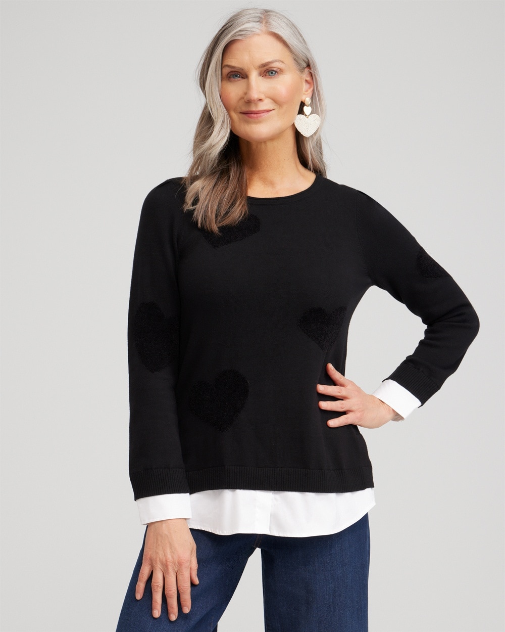 Chico's Sweaters | Heart Print Built-in Shirt Sweater Black