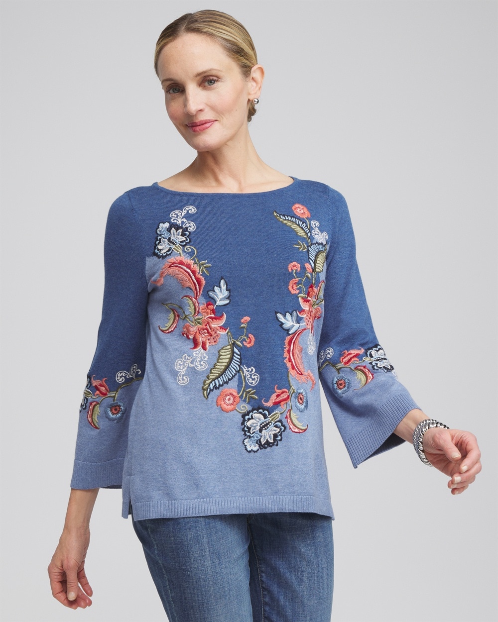 Chico's Sweaters | Floral Embroidered Kurta Faded Indigo Heather Med