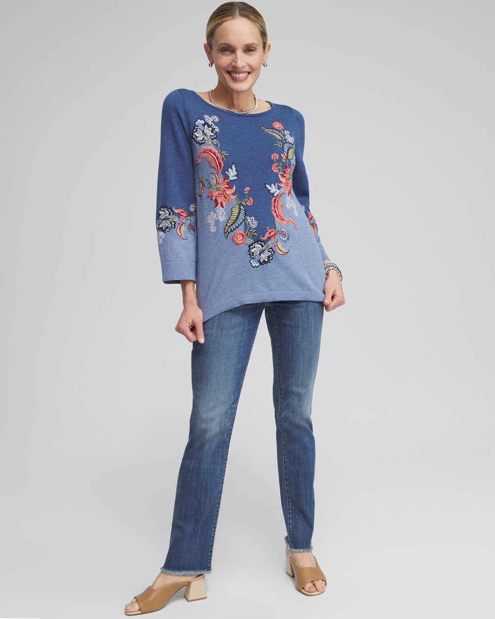 Chico's Sweaters | Floral Embroidered Kurta Faded Indigo Heather Med