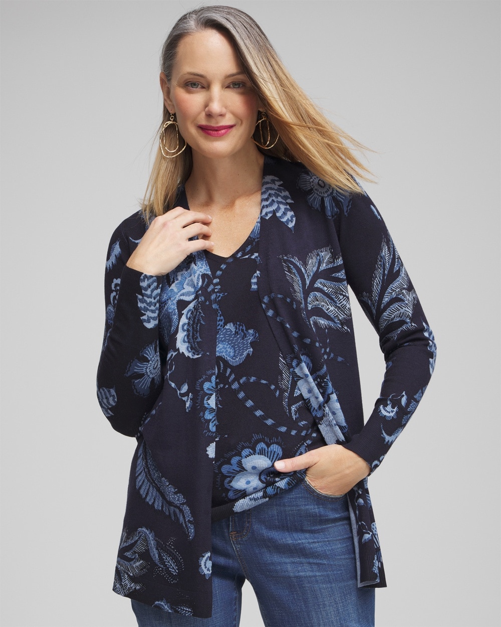 Chico's Sweaters | Spun Rayon Floral Cardigan Classic Navy