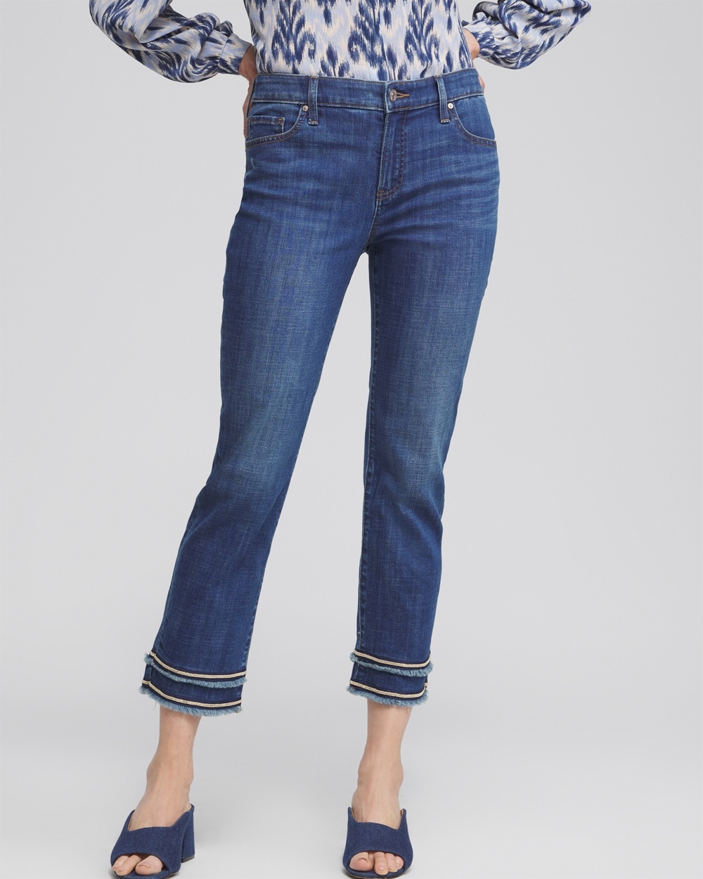 Chico's Jeans & Denim | Girlfriend Embellished Hem Crops Blue Springs Indigo