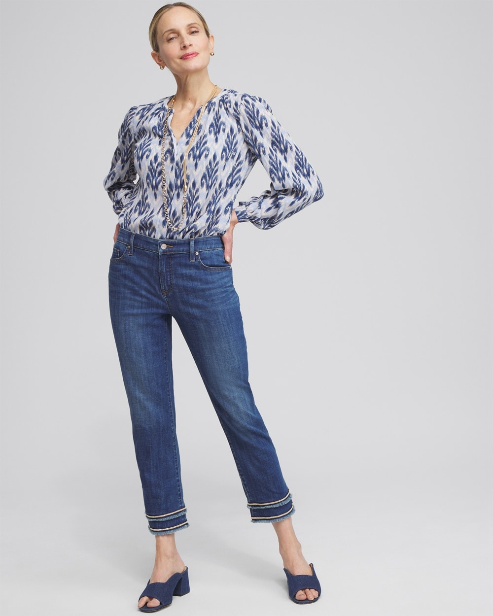 Chico's Jeans & Denim | Girlfriend Embellished Hem Crops Blue Springs Indigo