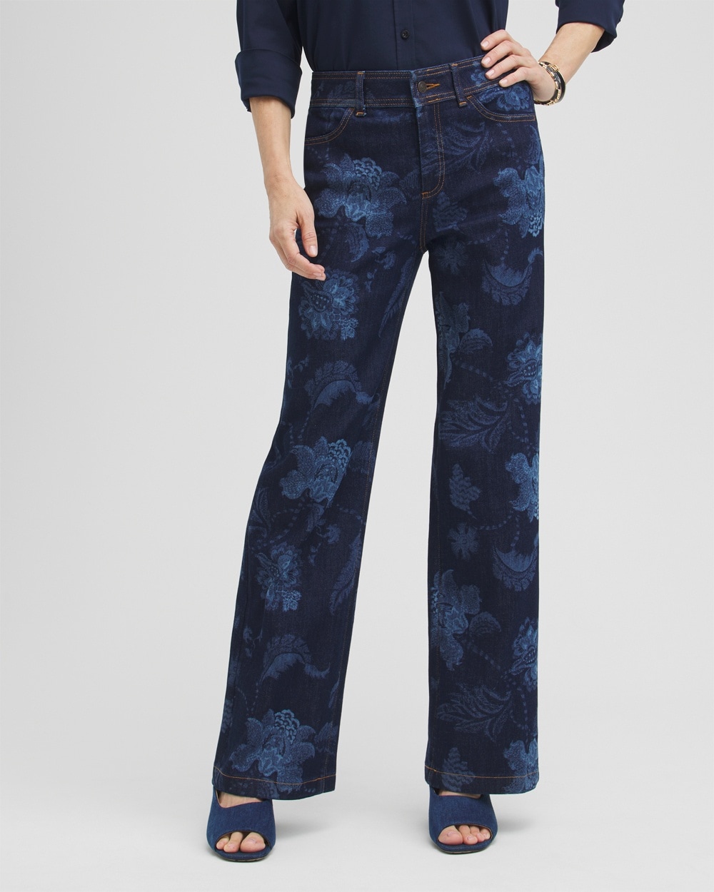 Chico's Dresses & Skirts | Petite Floral Laser Print Trouser Jeans Atasi Indigo