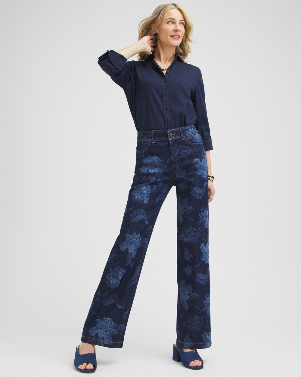 Chico's Dresses & Skirts | Petite Floral Laser Print Trouser Jeans Atasi Indigo