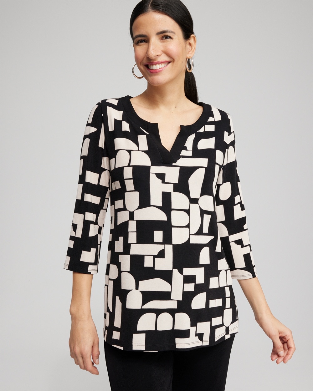 Chico's Tops | Travelers™ Block Print Split Neck Top Smokey Taupe