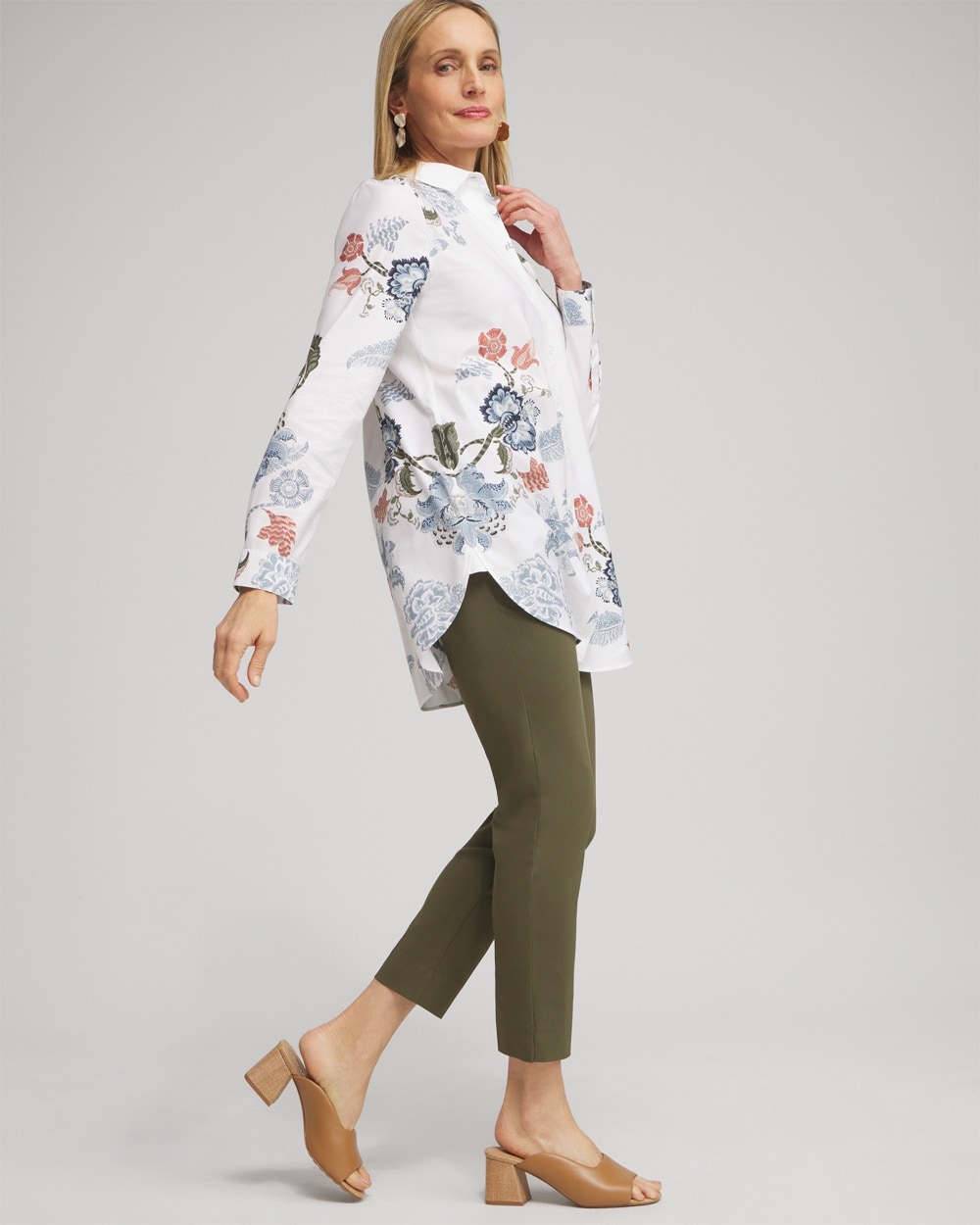 Chico's Tops | No Iron™ Stretch Floral 3/4 Sleeve Tunic Optic White