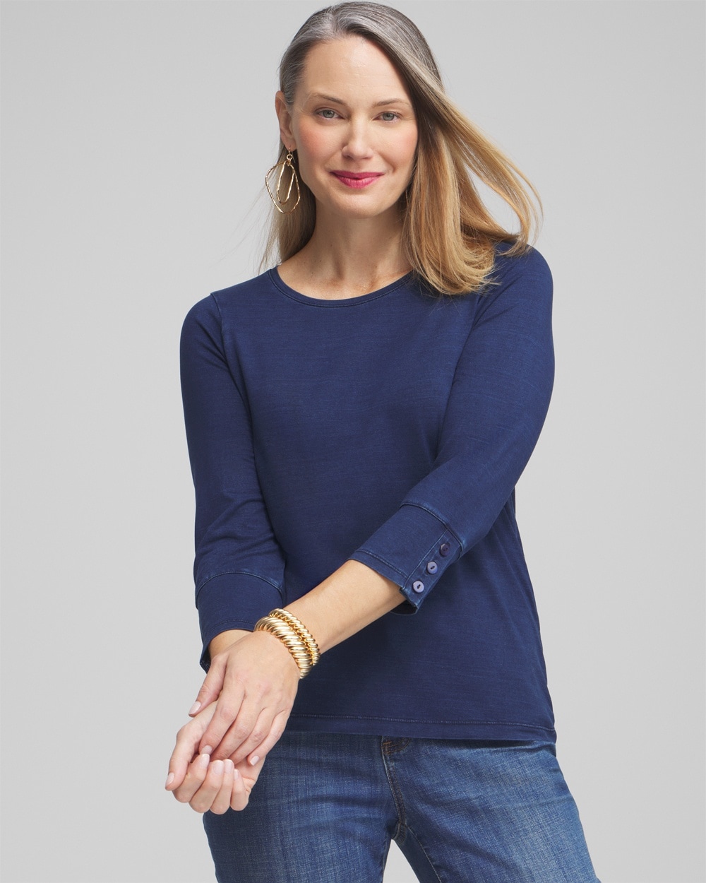 Chico's Tops | Faux Denim 3/4 Sleeve Button Tee Riviera Authentic