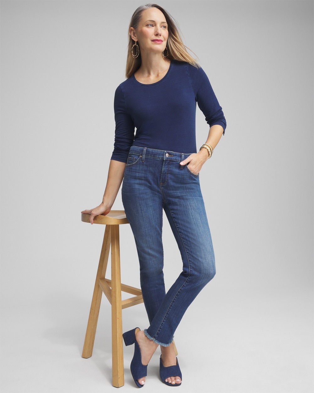 Chico's Tops | Faux Denim 3/4 Sleeve Button Tee Riviera Authentic